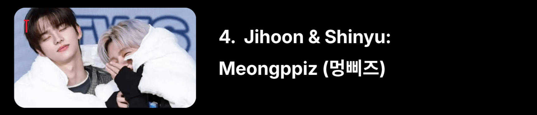 “Meong” refers from Jihoon looking like a puppy, and “Ppi” in a cute way refers from Shinyu looking like a ferret (“pi” from 족제비 “jokjebi”).