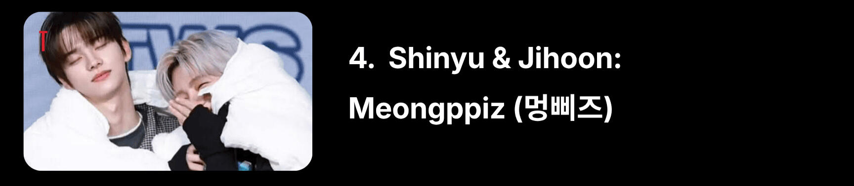 “Meong” refers from Jihoon looking like a puppy, and “Ppi” in a cute way refers from Shinyu looking like a ferret (“pi” from 족제비 “jokjebi”).
