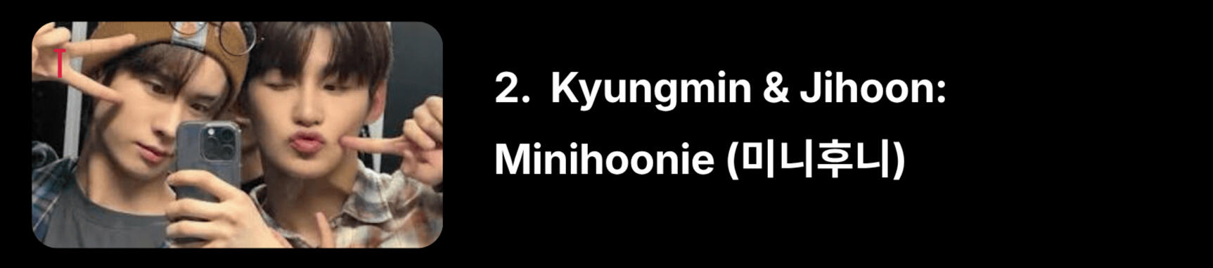 “Min” from Kyungmin, “hoon” from Jihoon, a super cute combination for the maknae line. Or Maknaes (막내즈), because they are the two youngest.